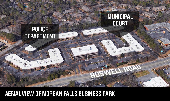 Aerial View of Morgan Falls Business Park. The image demonstrates that the Police Department is located in a different building than the Municipal Court.