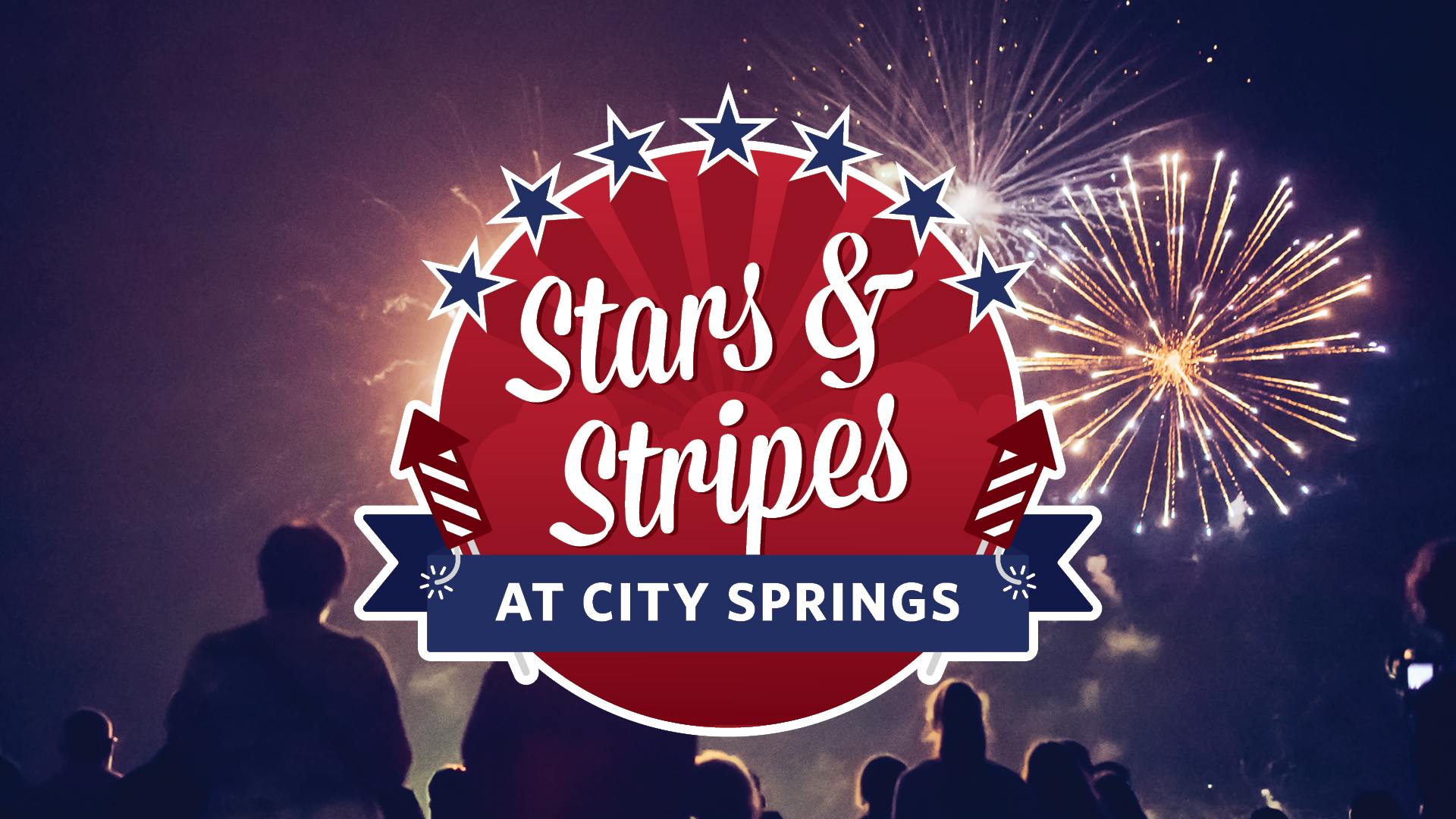 Stars and Stripes at City Springs - People watching as a bright yellow firework explodes in the distance