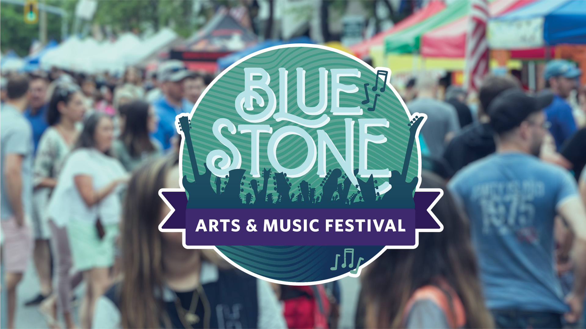 Blue Stone Festival logo on top of image of people at a festival