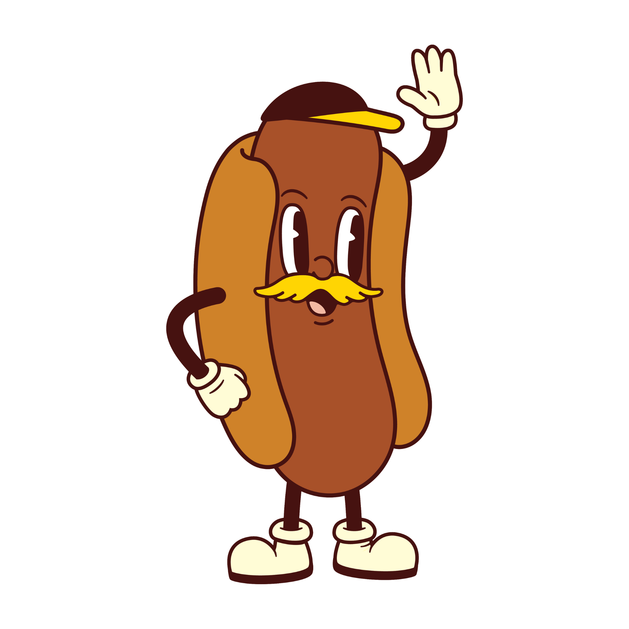 A hot dog with a smiling face & mustache, hands, and feet, is waving hello 