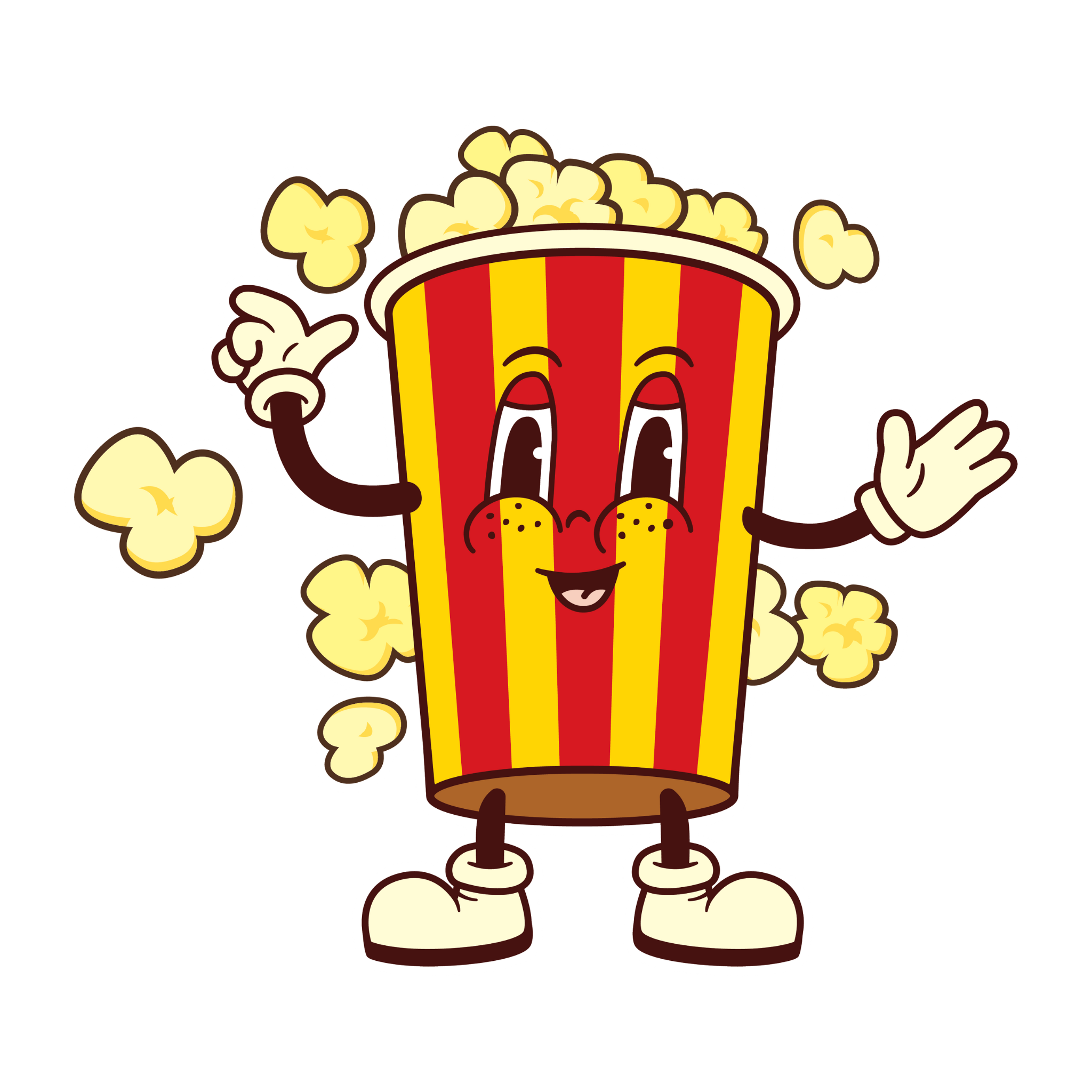 A popcorn bucket with a smiling face, hands, and feet, is throwing popcorn in the air 