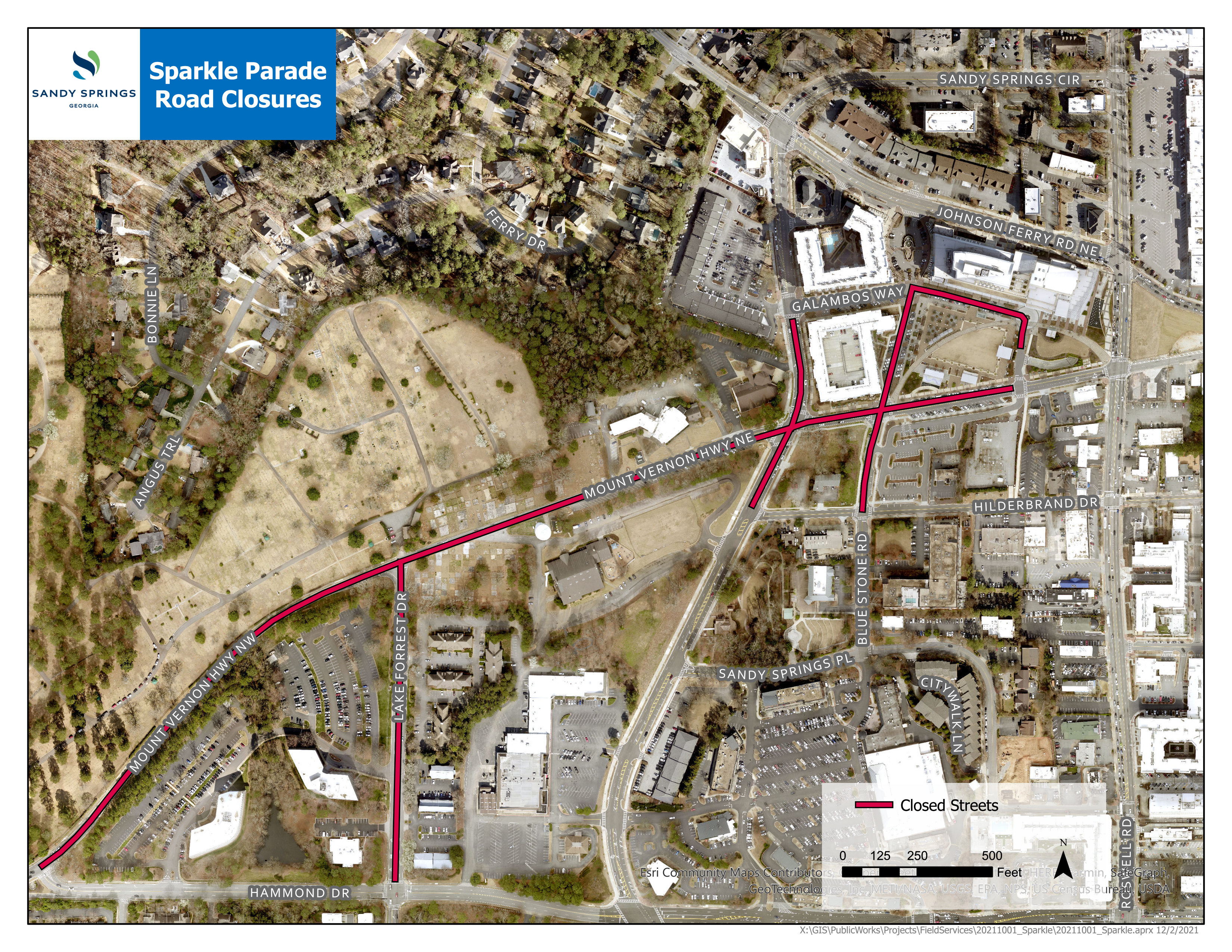 Map of Road Closures for Sparkle Sandy Springs. All information is listed in text on the webpage.