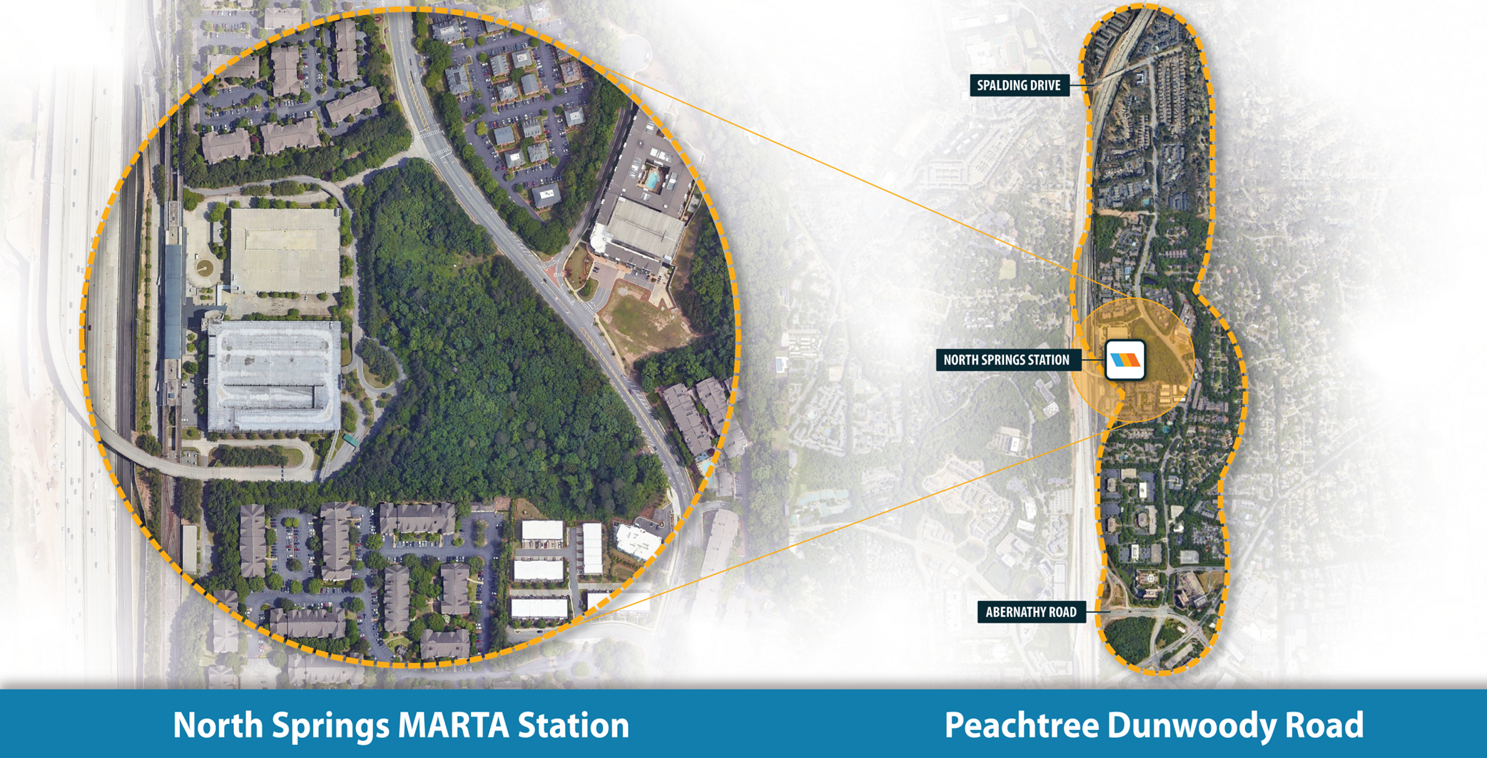 A map showing the North Springs MARTA Station area and Peachtree Dunwoody Road from Abernathy Road to Spalding Drive